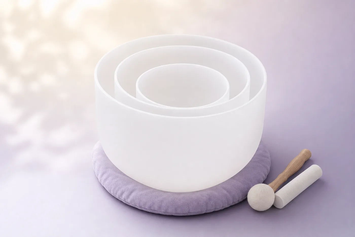 Three nested frosted quartz crystal singing bowls in 6, 8, and 10 inch sizes