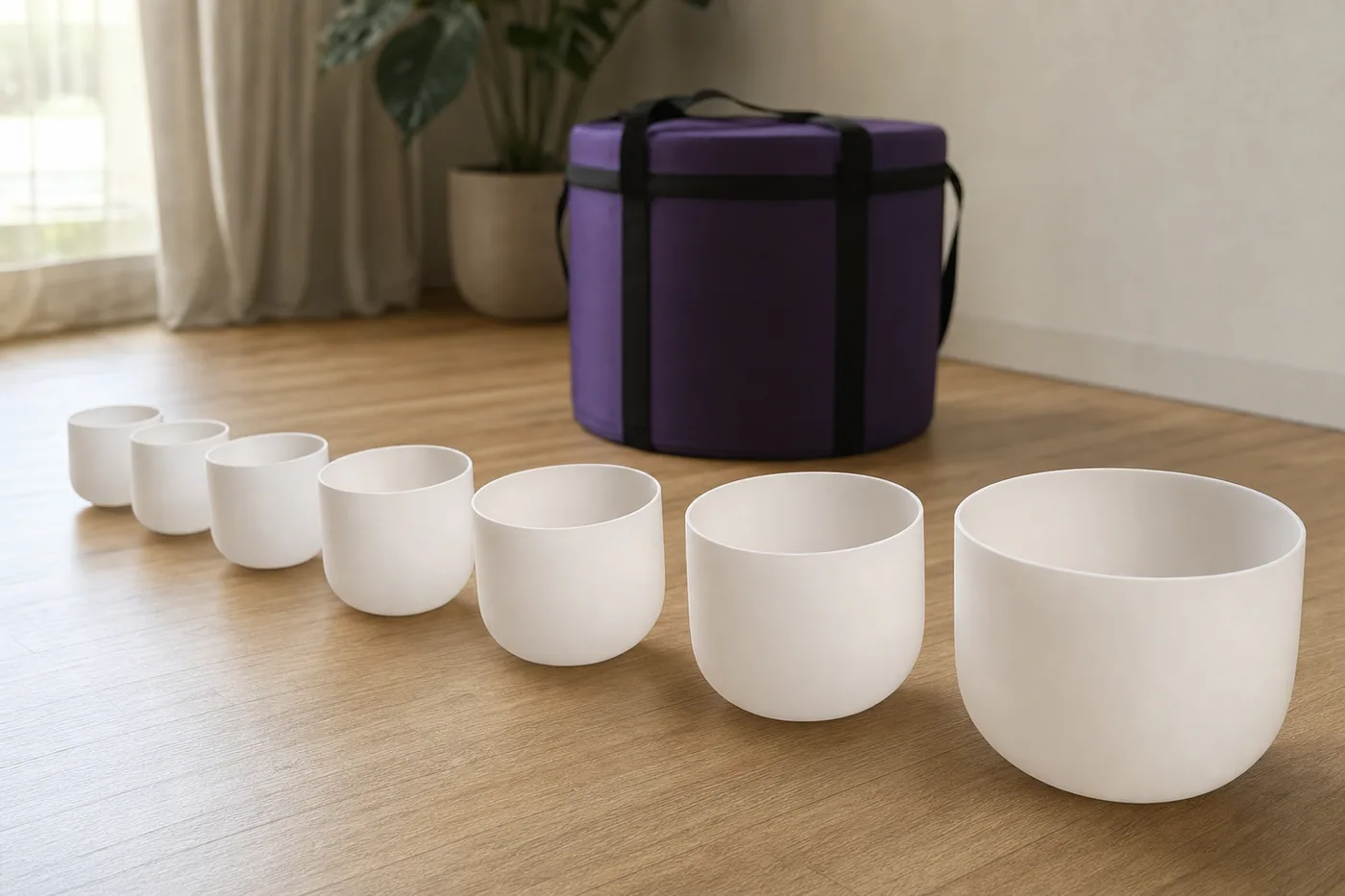 Seven graduated frosted quartz crystal singing bowls from 7 to 12 inches with a padded carrying case