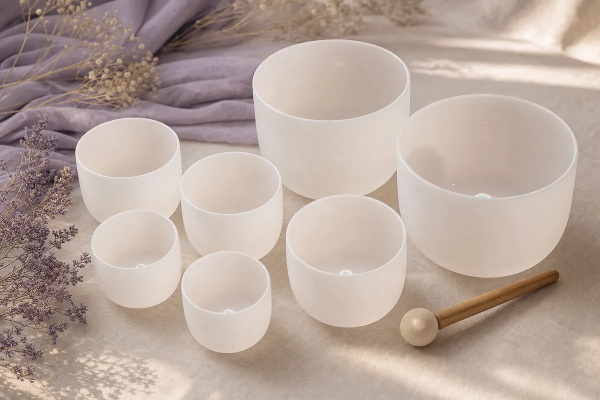 Collection of frosted quartz crystal singing bowls in graduated sizes on a lavender studio backdrop