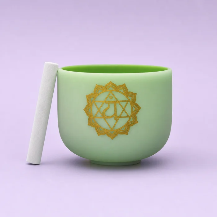 The F note single bowl in pale green frosted quartz, engraved with a gold heart chakra symbol, shown with a white-tipped mallet